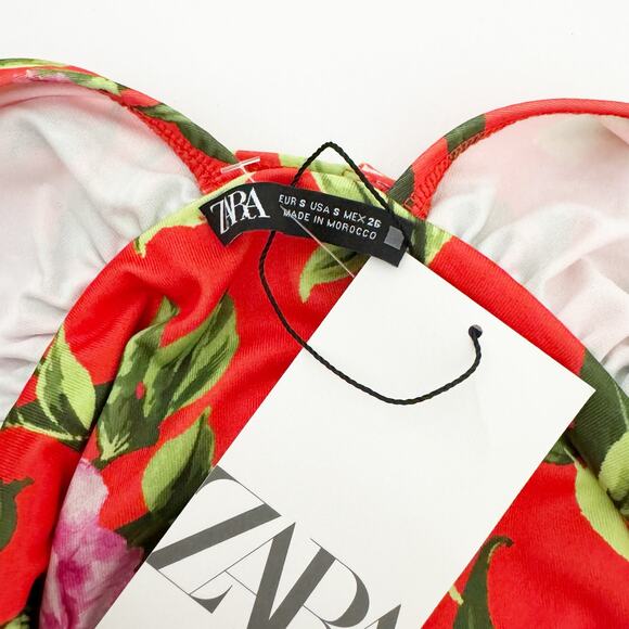 ZARA Floral Plunge Side Ruched Bodysuit Red Small S - Picture 8 of 10